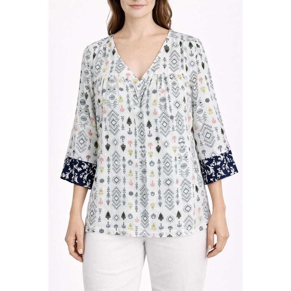Massimo Dutti Blouse Women's 8 White Boho Print 3/4 Sleeve V-Neck Tunic Top